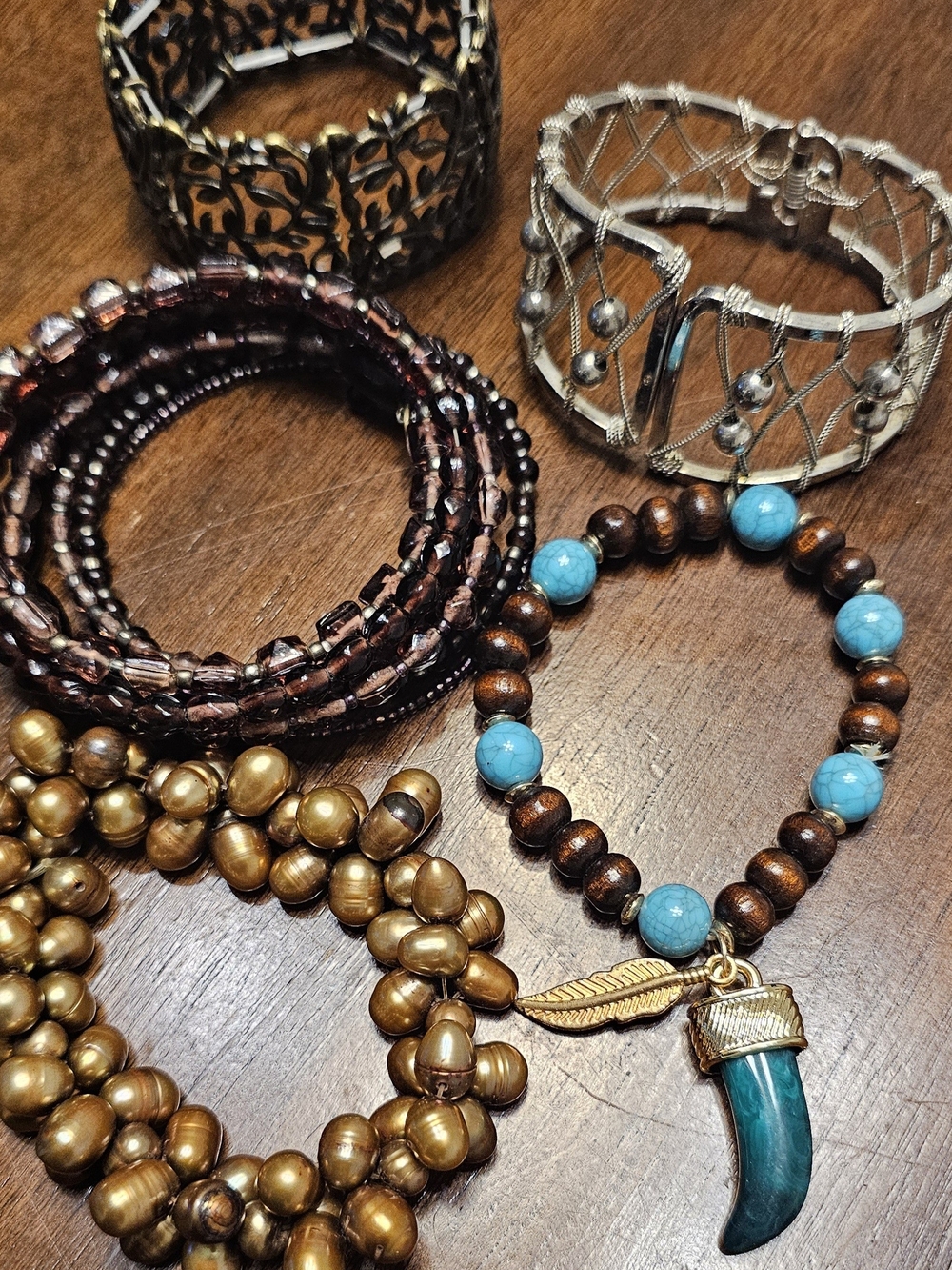 Turquoise & Wood Bead Charm Bracelet with Gold Feather - Unbranded